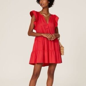 Antonio Melani Linen Blend V-Neckline Cap Flutter Sleeves Tiered A-Line Dress